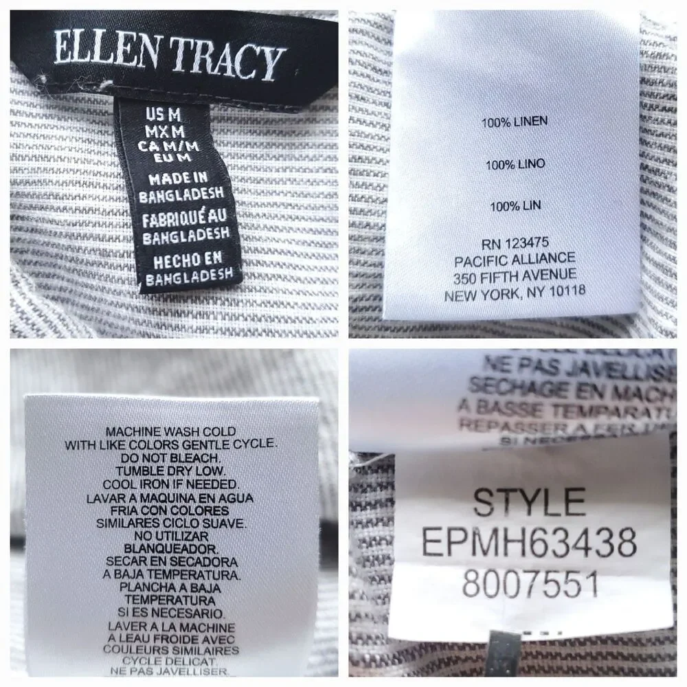 Ellen Tracy 100% Linen Popover Top Womens M Adjustable Sleeve Thin Striped